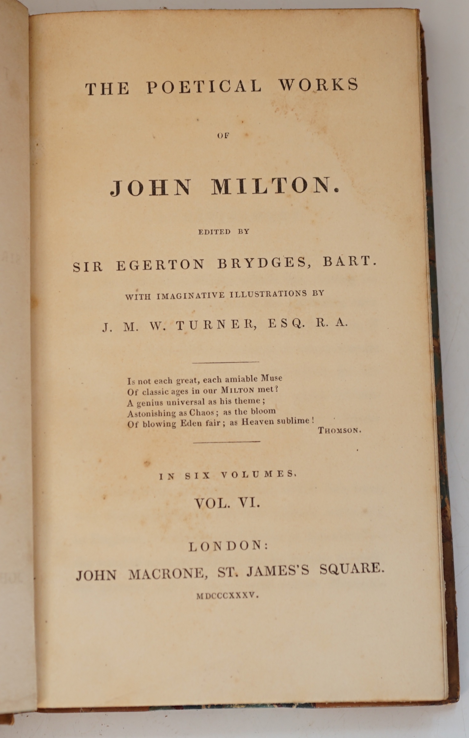 Milton, John - The Poetical Works, 6 vols, edited by Sir Egerton Brydges, 8vo, original half calf gilt, with marbled boards, engraved frontispiece and title to each volume, John Macrone, London, 1835